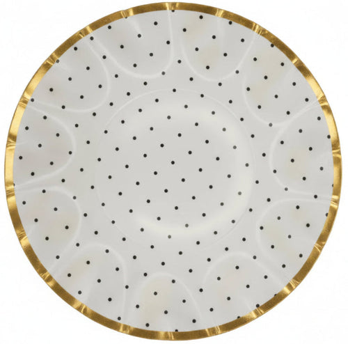 10" Round white plate with black polka dots and gold rim