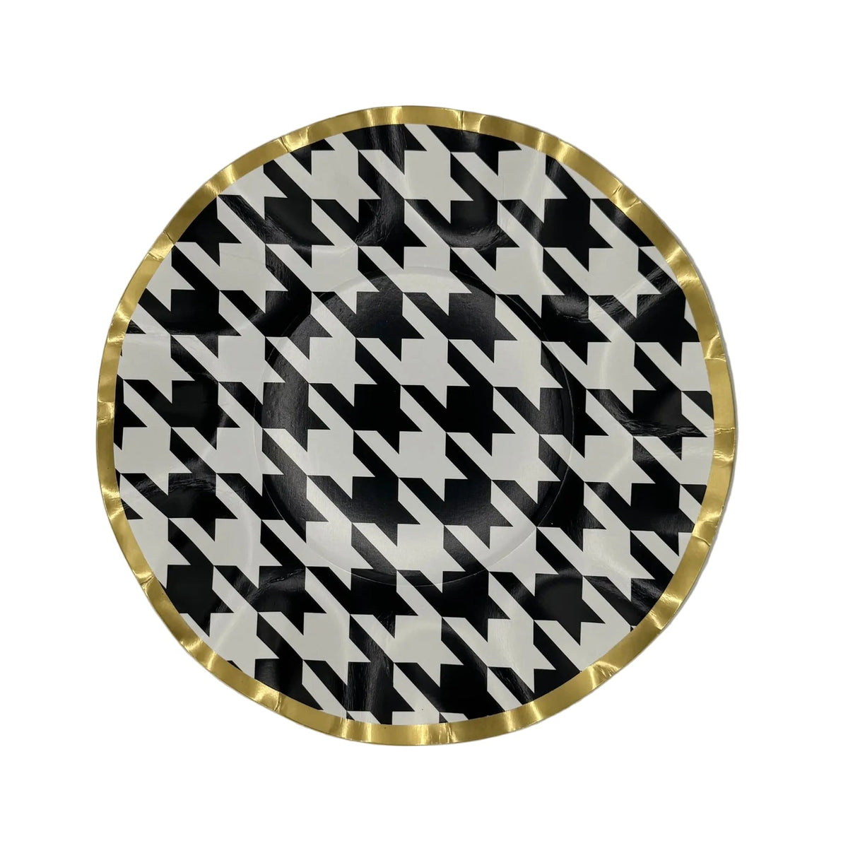 8" Round decorative plate with black and white geometric pattern and gold rim