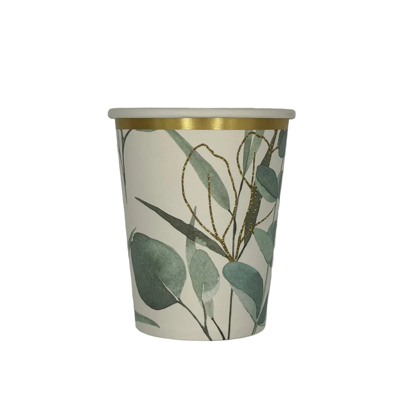 Paper cup with green leaf pattern and gold rim on a gray background