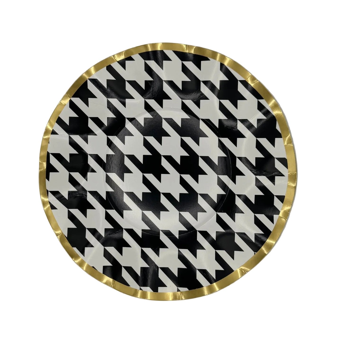 8" Round decorative plate with black and white geometric pattern and gold rim 