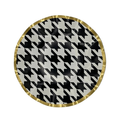 8" Round decorative plate with black and white geometric pattern and gold rim 