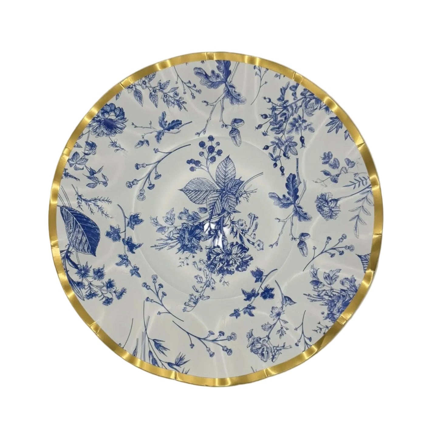 10" Decorative plate with blue floral design and gold rim on a white background