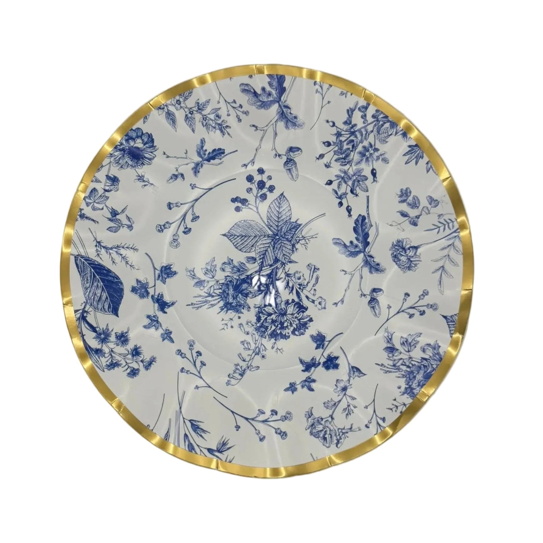 10" Decorative plate with blue floral design and gold rim on a white background