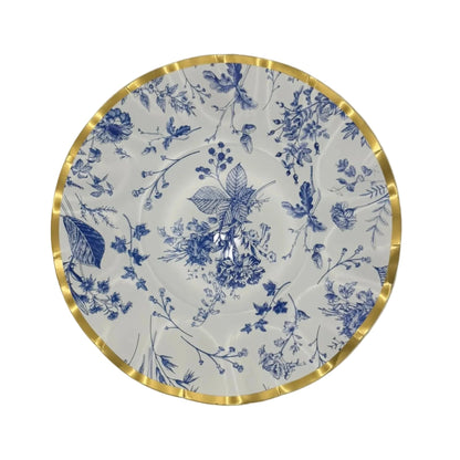 10" Decorative plate with blue floral design and gold rim on a white background