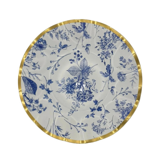 10" Decorative plate with blue floral design and gold rim on a white background