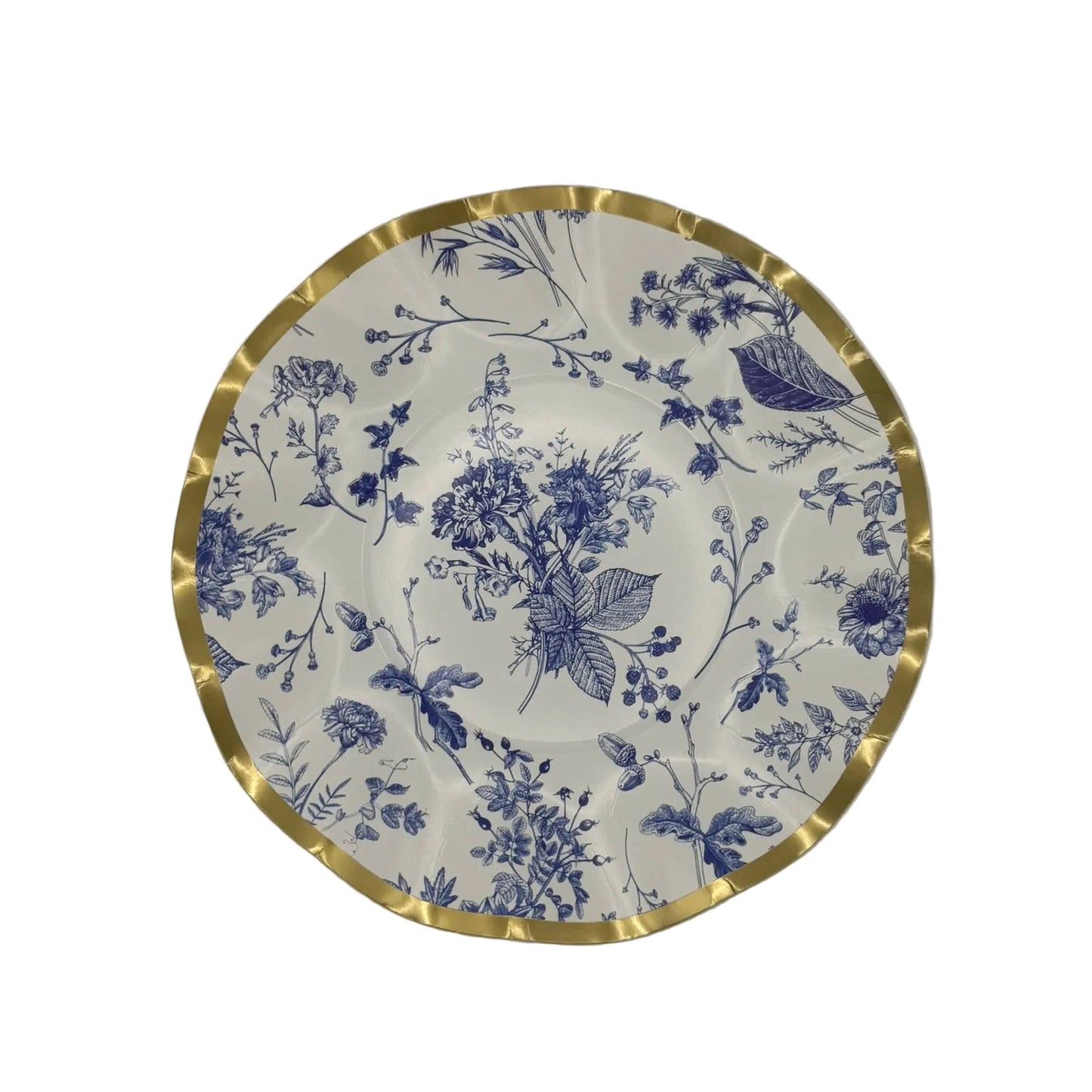 8" Round decorative plate with blue floral and bird design on a white background
