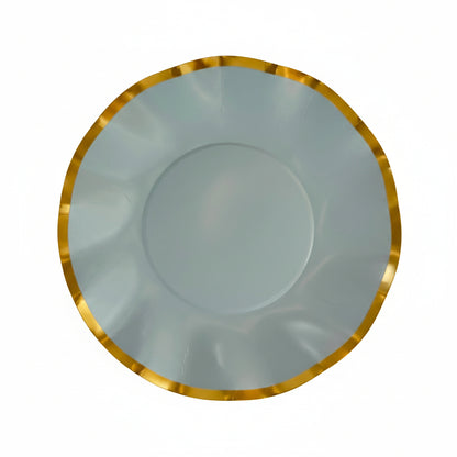 8" Light blue plate with a gold rim paper plate