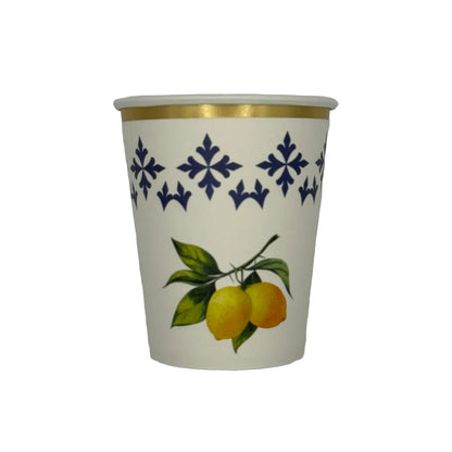 Paper cup with lemon design and blue floral pattern 